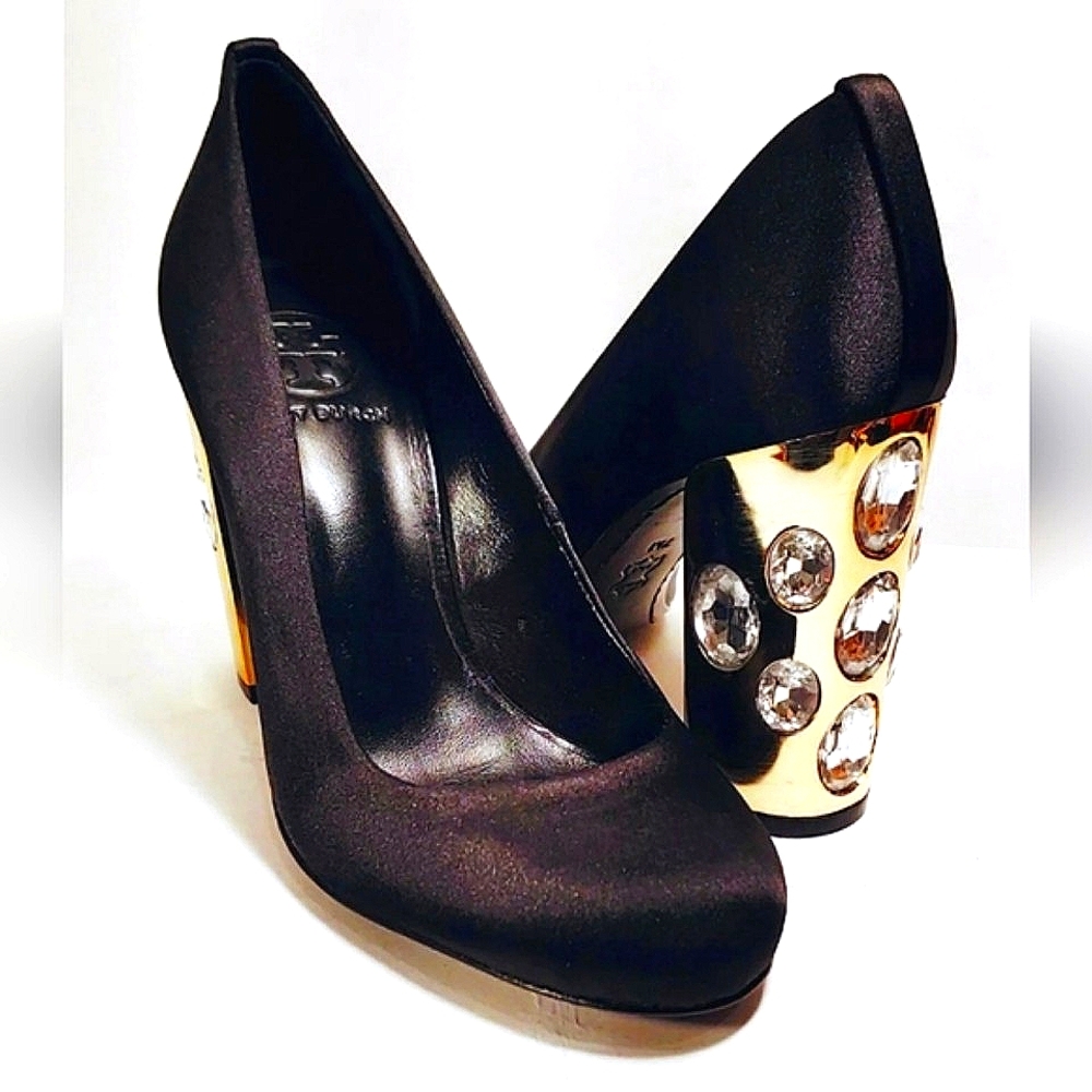 TORY BURCH Black Satin Round Toe/Gold Rhinestoned Block Hi-Heel Women's Size 7M